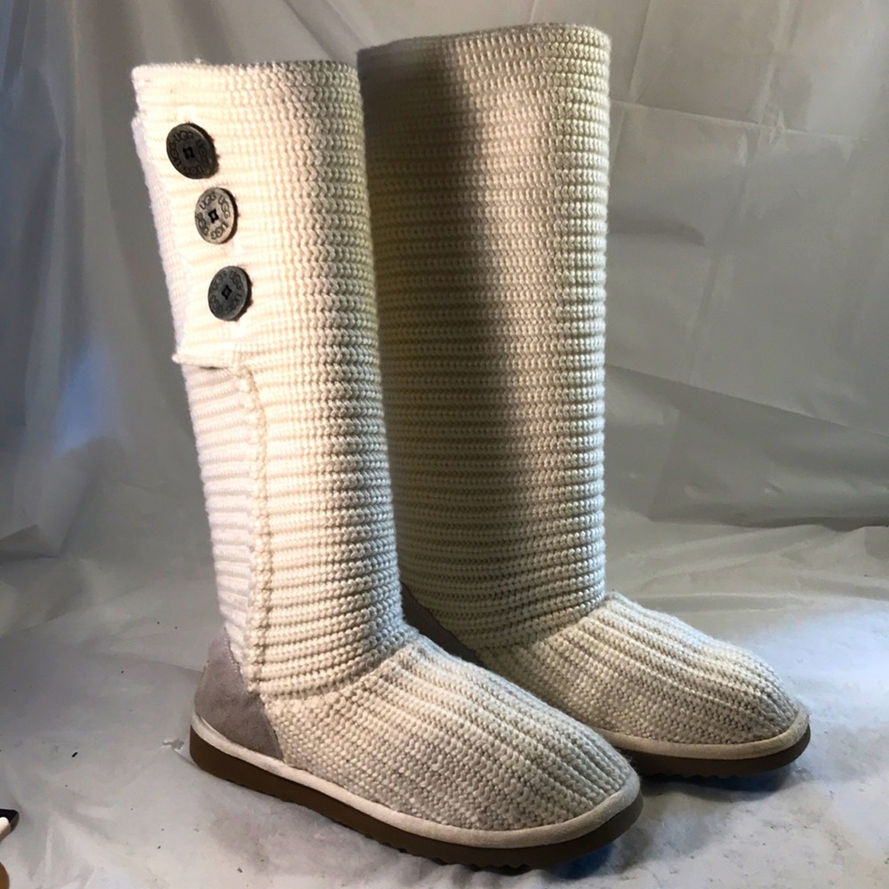 UGG Tall Knit Button Boots in Cream and Brown